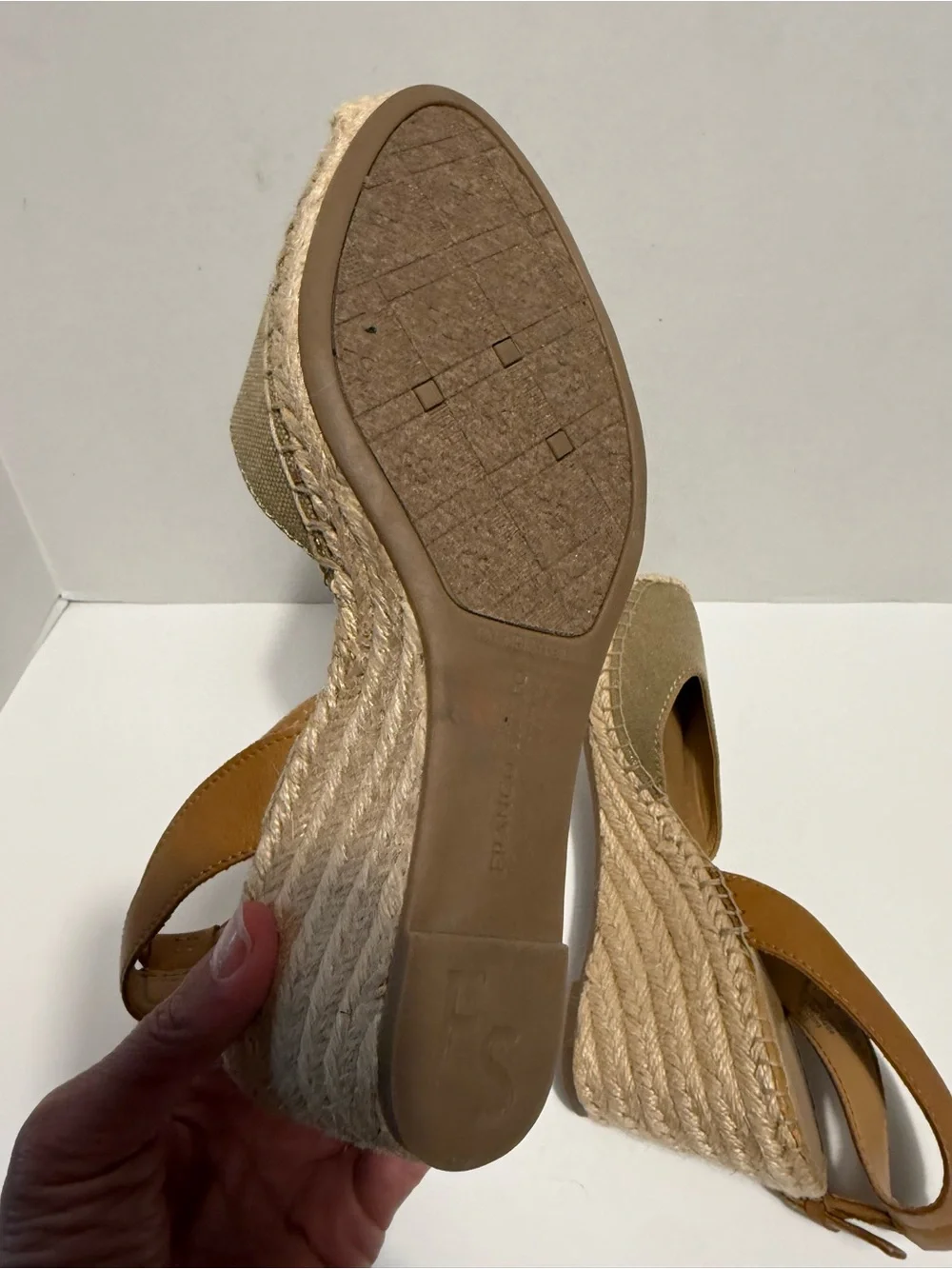 Franco Sarto Tan and Olive Canvas Espadrille Wedge Sandals